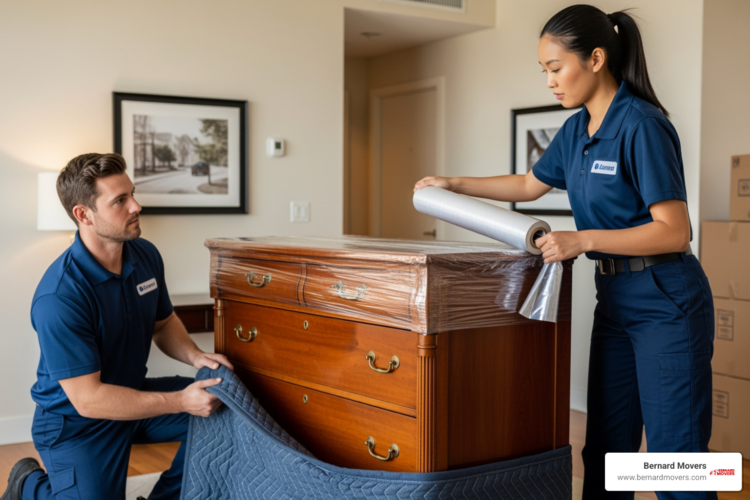 Bernard Movers' professional team carefully wrapping a large piece of furniture - moving estimate for 2 bedroom apartment Bernard Movers' professional team carefully wrapping a large piece of furniture - moving estimate for 2 bedroom apartment