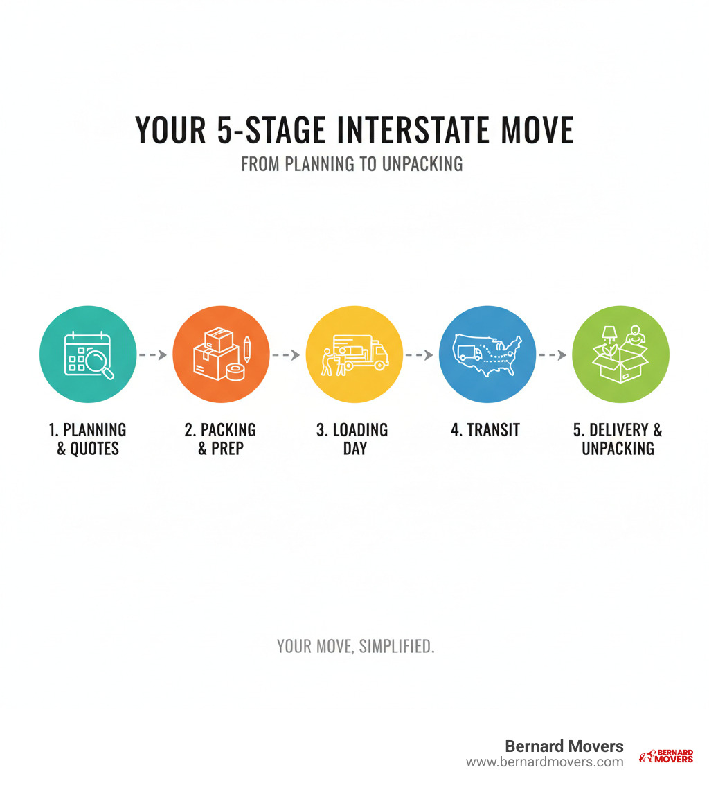 infographic explaining the 5 key stages of an interstate move with Bernard Movers, from planning to unpacking - interstate furniture removalists infographic 