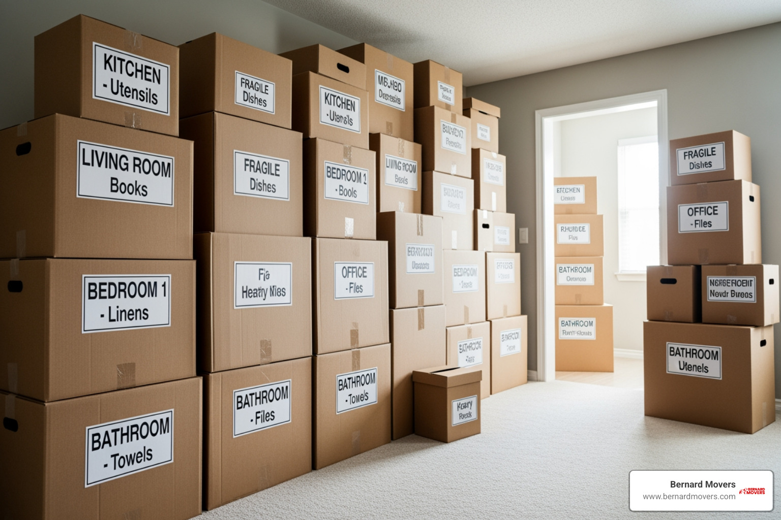 Perfectly labeled moving boxes stacked neatly - interstate furniture removalists