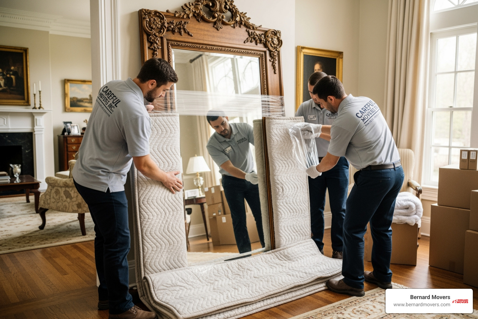 Bernard Movers wrapping a large antique mirror - interstate furniture removalists