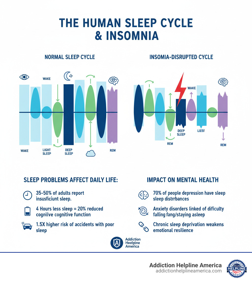 Infographic showing the human sleep cycle stages (wake, light sleep, deep sleep, REM) and how insomnia disrupts these stages, with statistics on sleep problems affecting daily life and mental health - zolpidem tartrate infographic 