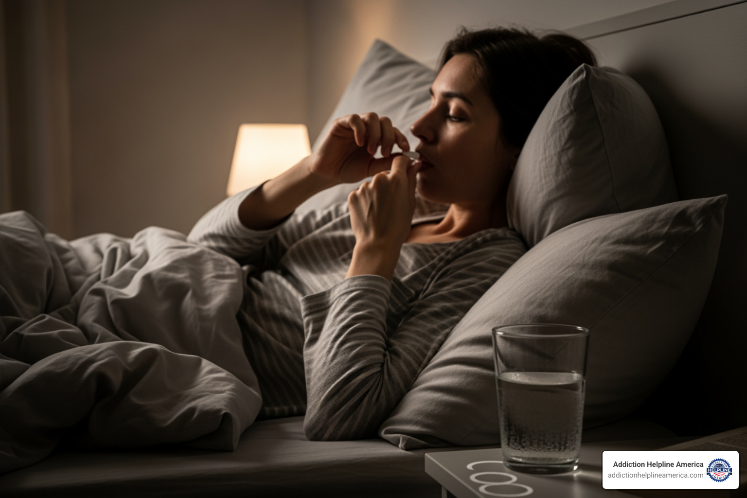 person taking a pill with a glass of water before bed - zolpidem tartrate