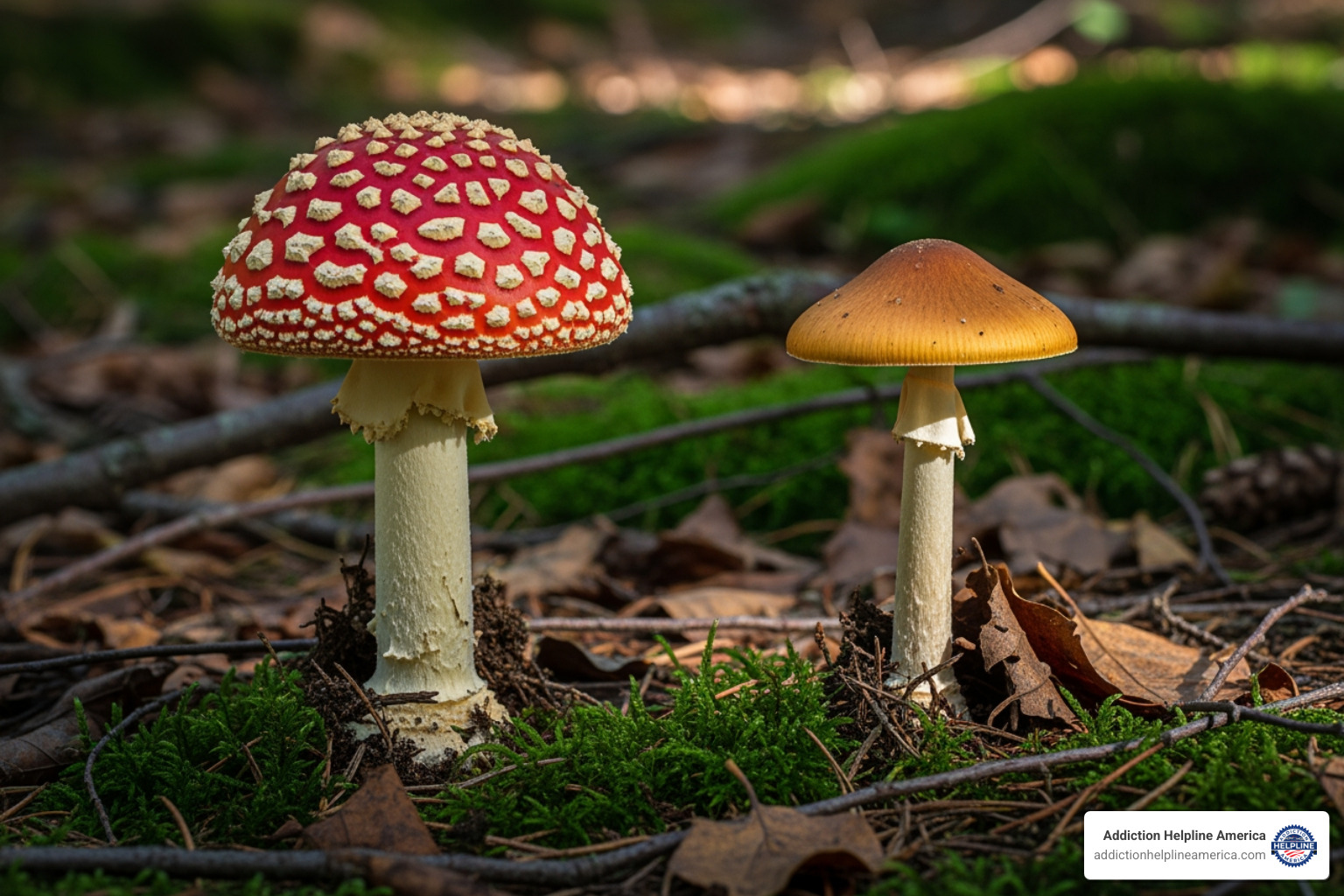 a poisonous mushroom next to a psilocybin mushroom to illustrate misidentification risk - psilocybin a poisonous mushroom next to a psilocybin mushroom to illustrate misidentification risk - psilocybin