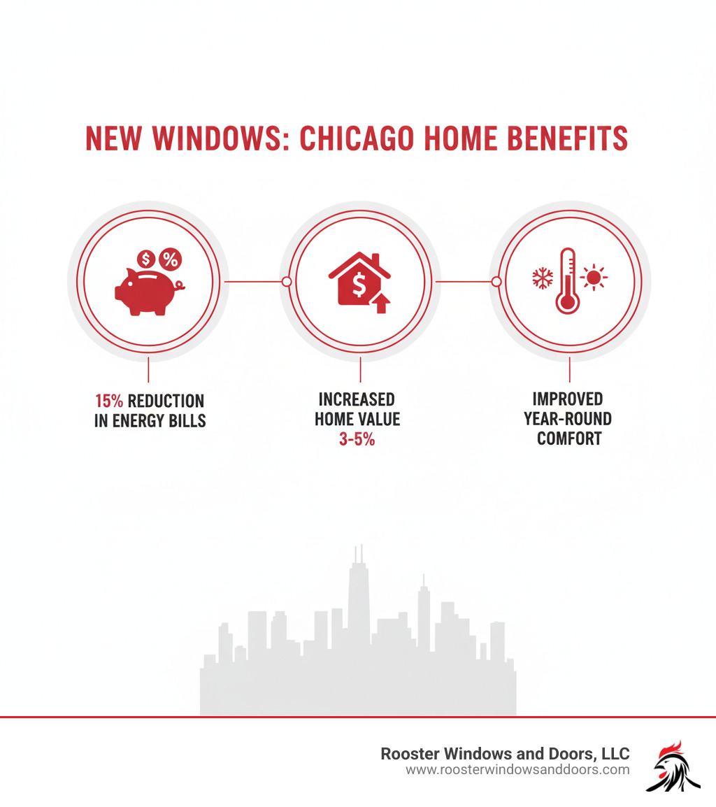 infographic showing three key benefits of new windows for Chicago homeowners: 15% reduction in energy bills, increased home value of 3-5%, and improved year-round comfort with better insulation against Chicago's extreme temperatures - new window installation chicago infographic 