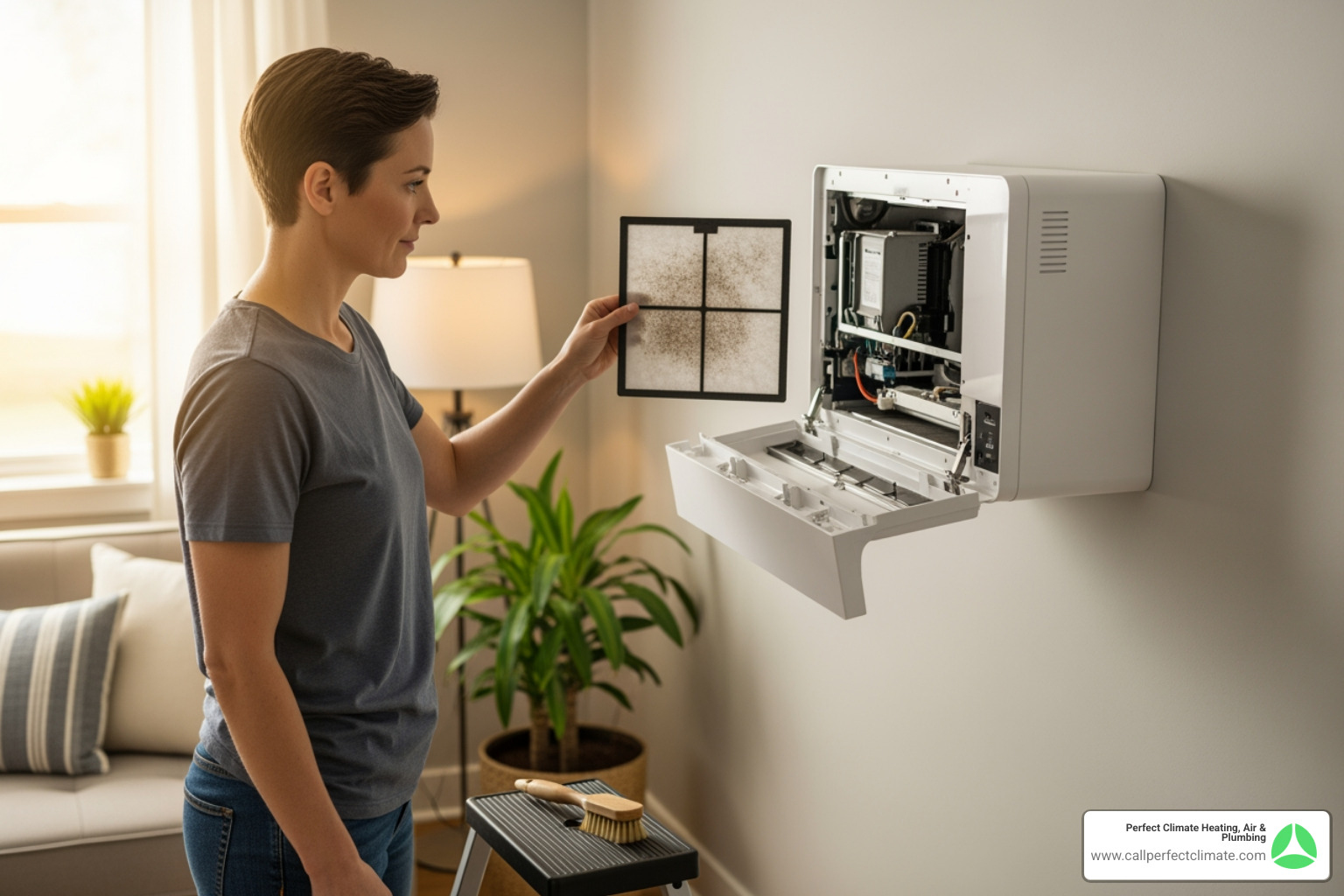 A homeowner checking the filter on their ductless indoor unit, demonstrating basic DIY maintenance. - ductless hvac maintenance service in owensville in