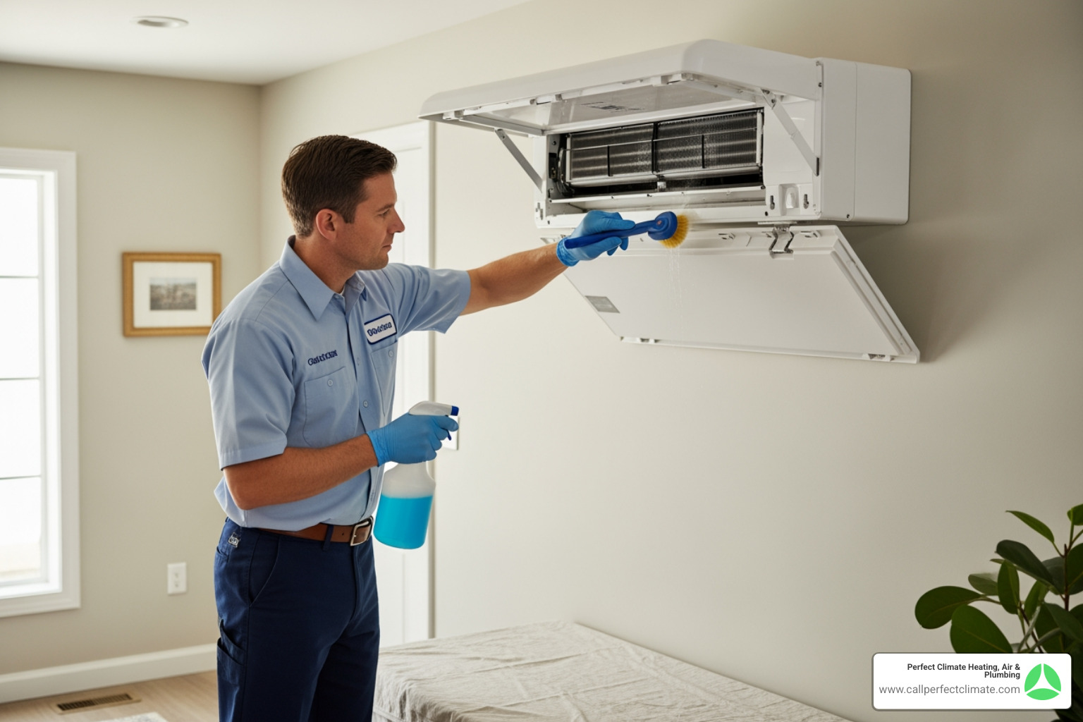 A professional HVAC technician is seen carefully cleaning the indoor unit of a ductless system, wearing a clean uniform and gloves. - ductless hvac maintenance service in owensville in
