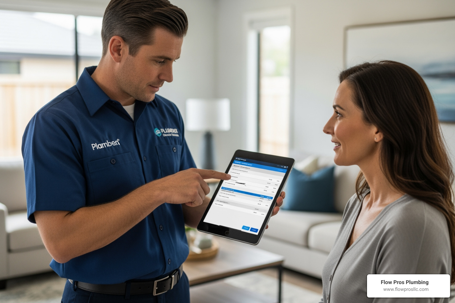 A plumber providing an upfront quote on a tablet - emergency plumbing not working in st petersburg fl