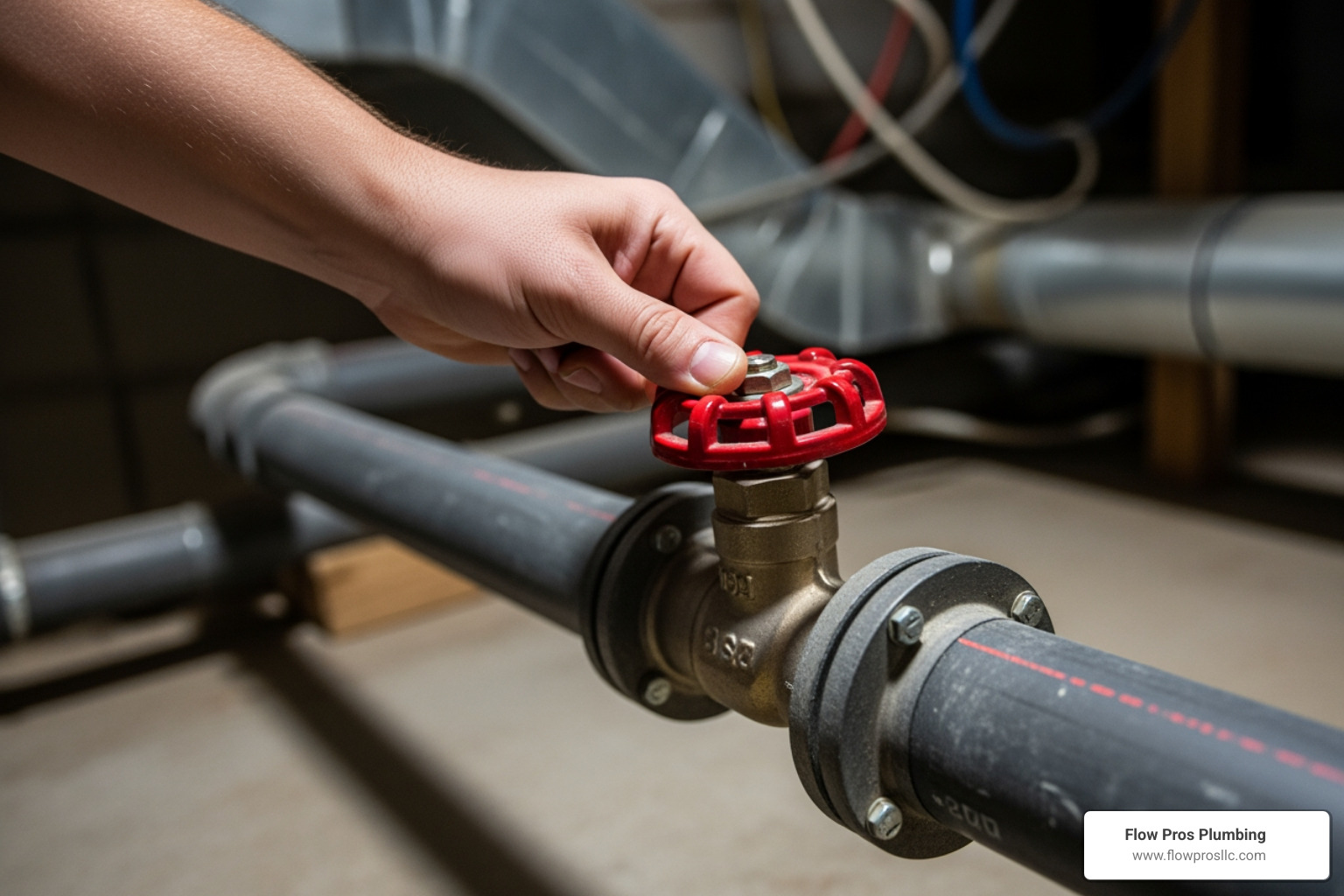 A hand turning a main water shut-off valve - emergency plumbing not working in st petersburg fl