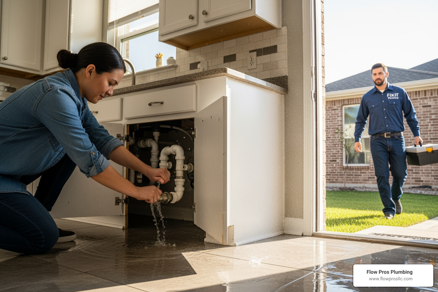 Infographic showing emergency plumbing response steps: 1. Turn off main water valve to stop flooding, 2. Switch off electrical power near water damage, 3. Call 24/7 emergency plumber immediately, 4. Take photos of damage for insurance documentation, 5. Move belongings away from affected area - emergency plumbing not working in st petersburg fl