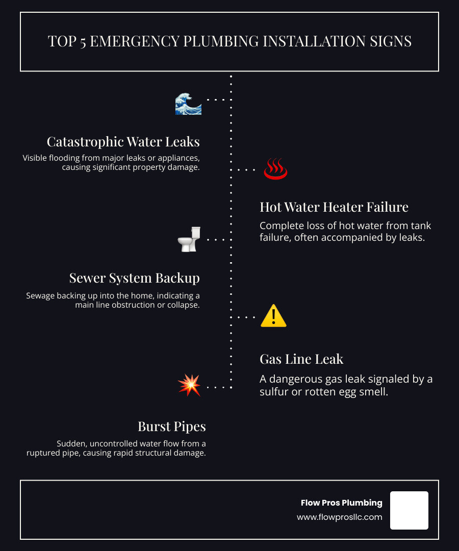 Infographic showing the top 5 signs requiring emergency plumbing installation: catastrophic water leaks with visible flooding, complete loss of hot water from tank failure, sewage backup into the home, gas line leak with sulfur smell, and burst pipes with structural water damage - emergency plumbing installation in st petersburg fl infographic infographic-line-5-steps-dark Infographic showing the top 5 signs requiring emergency plumbing installation: catastrophic water leaks with visible flooding, complete loss of hot water from tank failure, sewage backup into the home, gas line leak with sulfur smell, and burst pipes with structural water damage - emergency plumbing installation in st petersburg fl infographic infographic-line-5-steps-dark