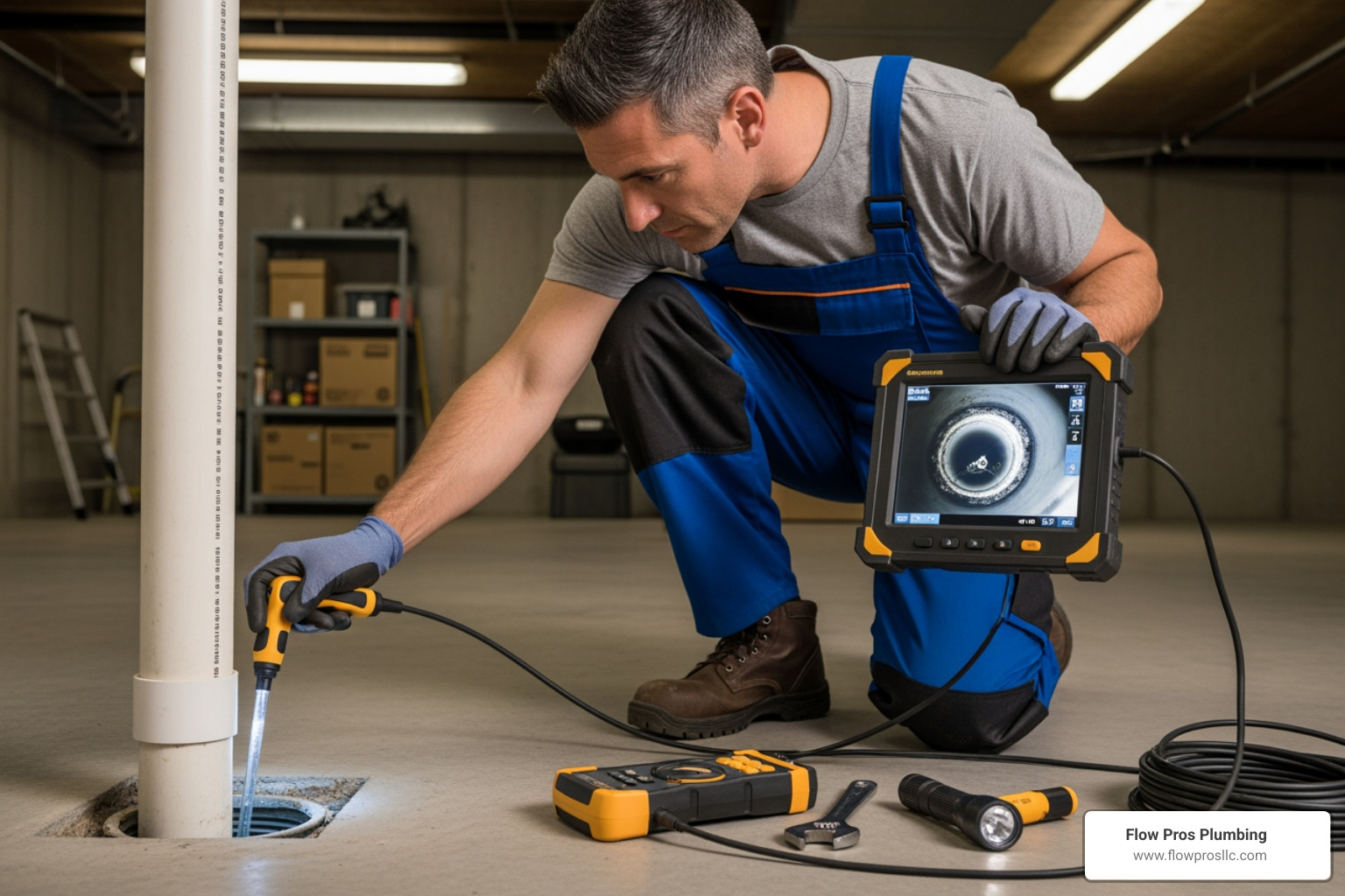 Plumber using camera inspection tool in a drain - emergency plumbing installation in st petersburg fl Plumber using camera inspection tool in a drain - emergency plumbing installation in st petersburg fl