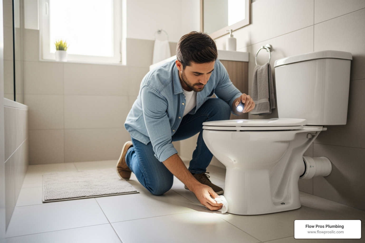 Homeowner checking for water around the base of a toilet - toilet leaking in st petersburg fl
