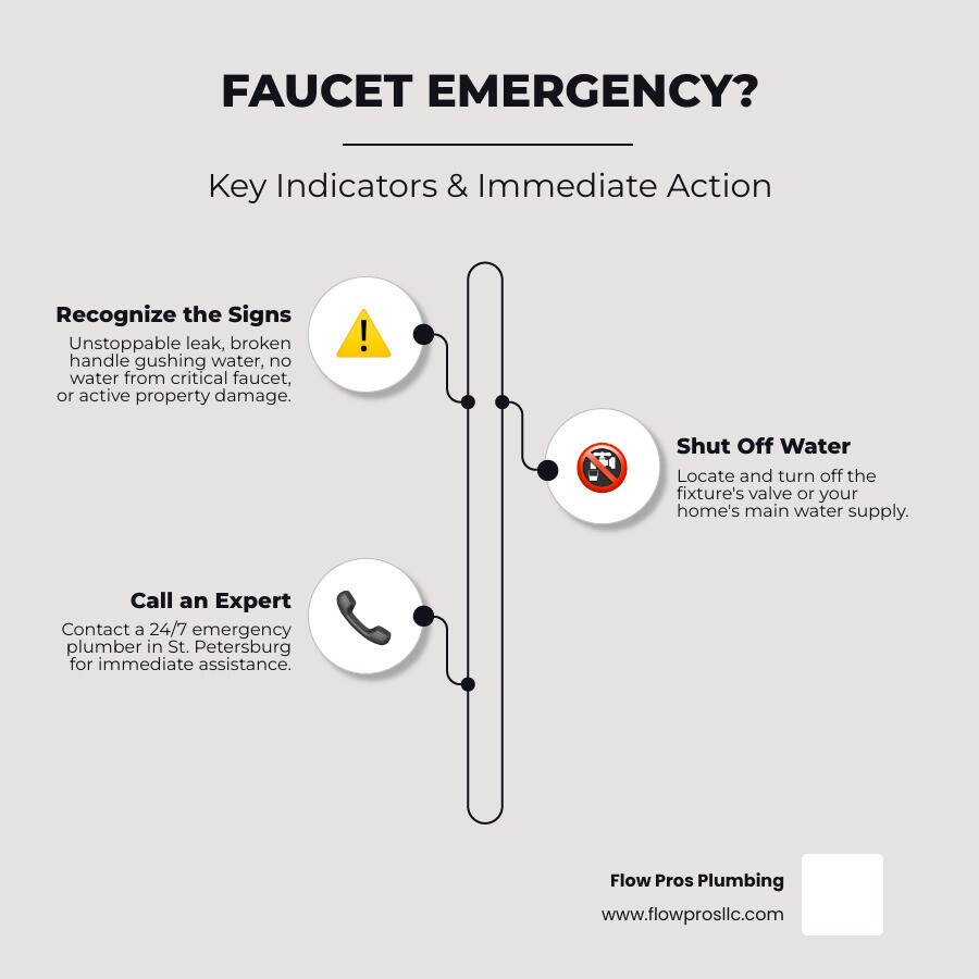 Infographic showing the key indicators of a faucet emergency: water you cannot stop or contain, a broken handle with water running, no water from a critical fixture, and active damage to walls floors or cabinets, plus immediate steps including shutting off the fixture valve or main water valve and calling a 24/7 emergency plumber in St. Petersburg - emergency faucet repair repair near me in st petersburg fl infographic infographic-line-3-steps-elegant_beige
