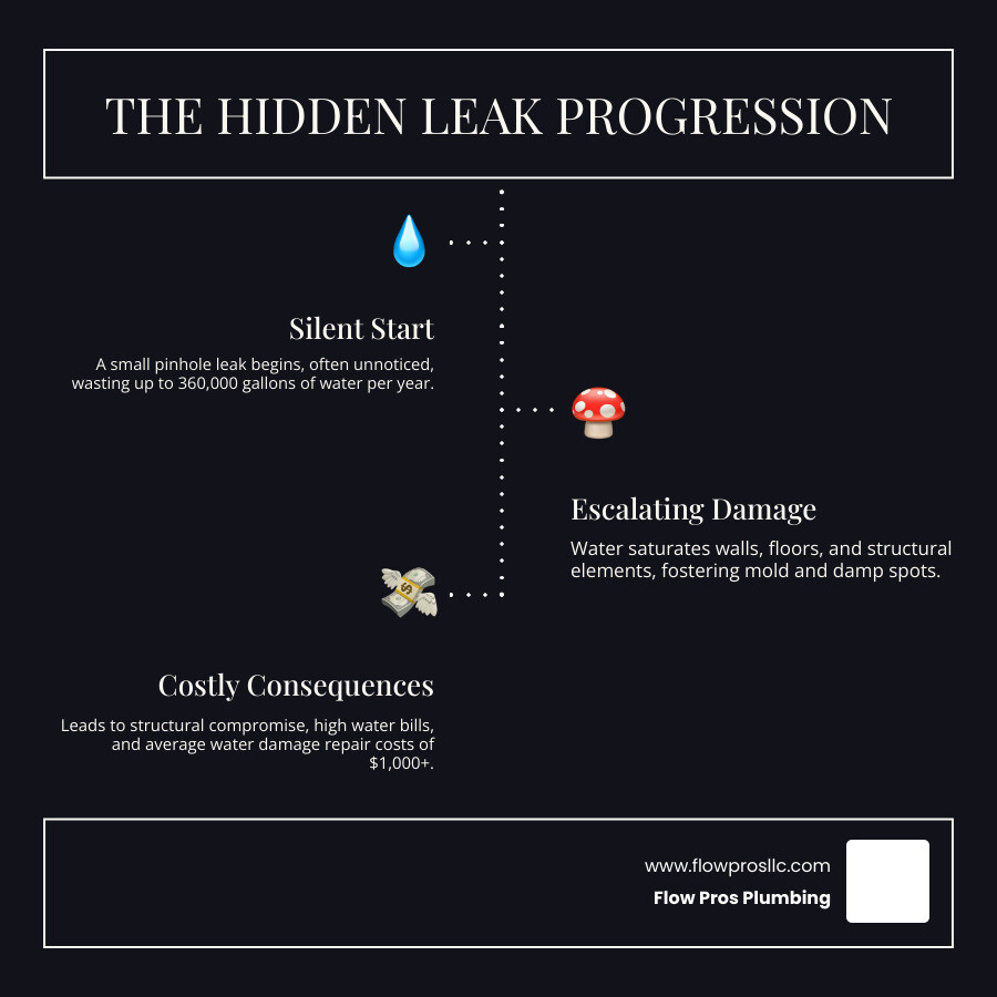 Infographic showing the progression of a hidden water leak from a small pipe crack through wall saturation to visible damage, mold growth, and structural compromise, with cost comparisons between early detection vs. delayed discovery - residential leak detection installation in st petersburg fl infographic infographic-line-3-steps-dark