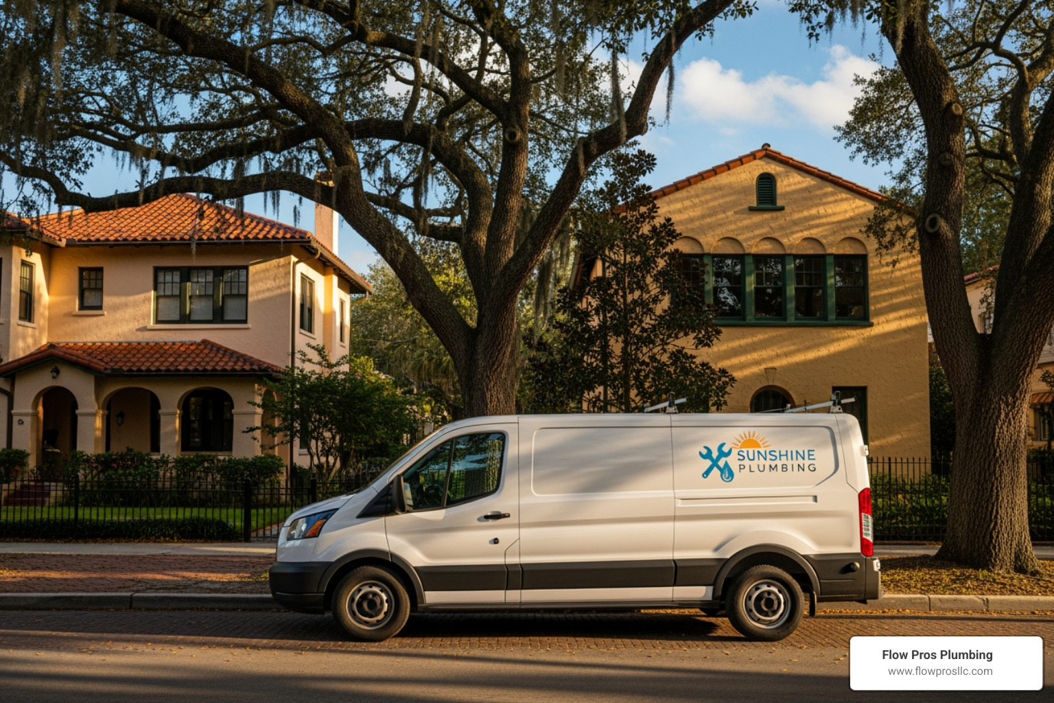 friendly plumber's van parked in a historic St. Petersburg neighborhood - emergency faucet repair repair near me in st petersburg fl