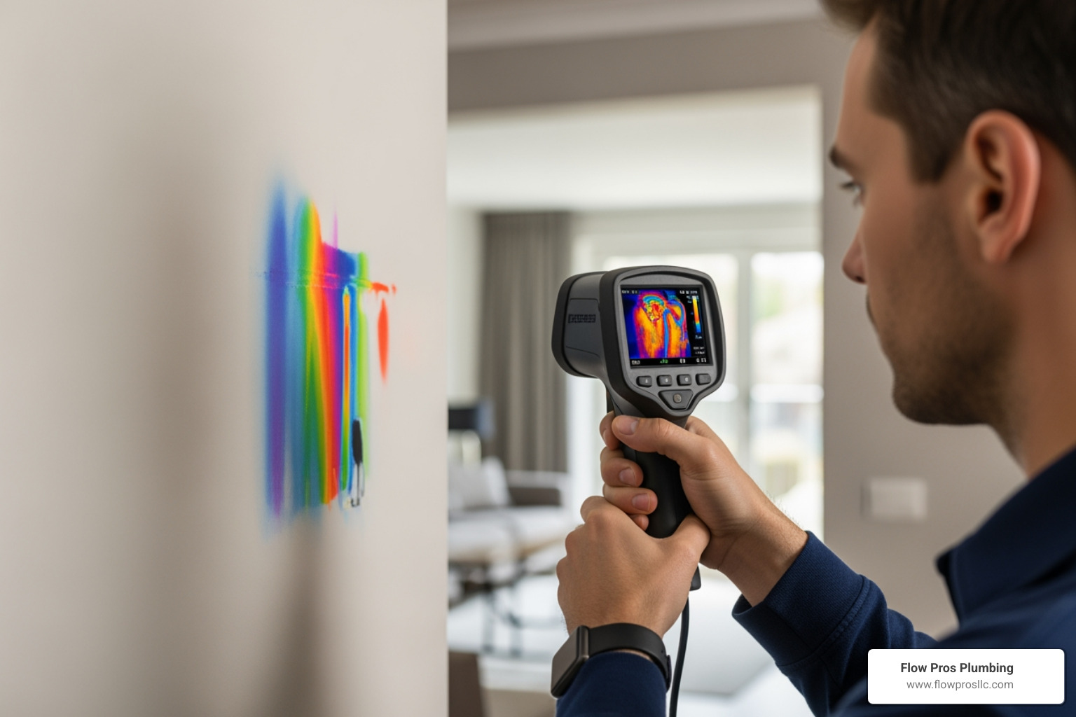 Technician using advanced thermal imaging camera to detect a hidden pipe leak behind a wall in a residential setting - residential leak detection installation in st petersburg fl
