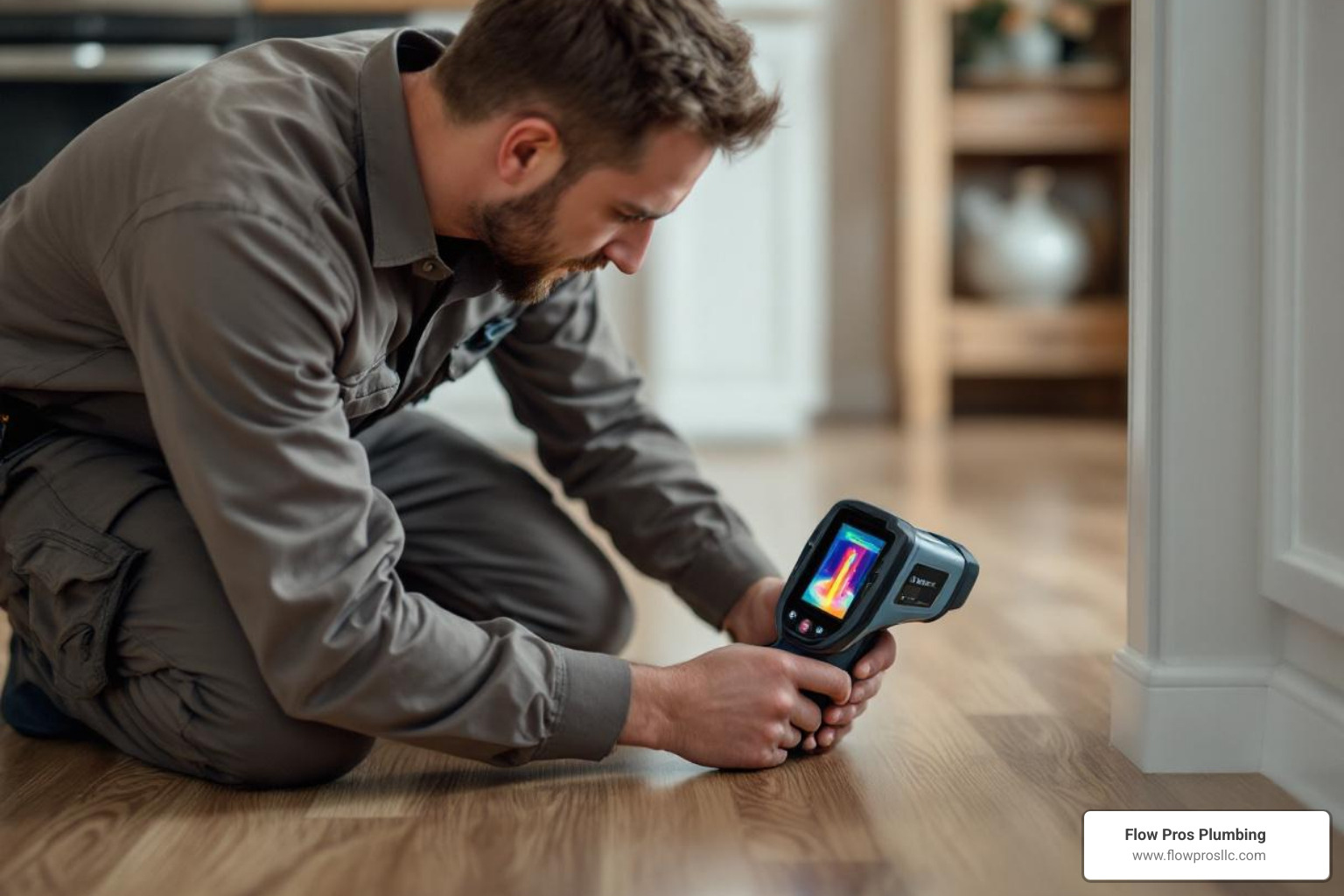 A technician using an infrared camera on a floor to detect a hidden leak - emergency slab leak repair in st petersburg fl