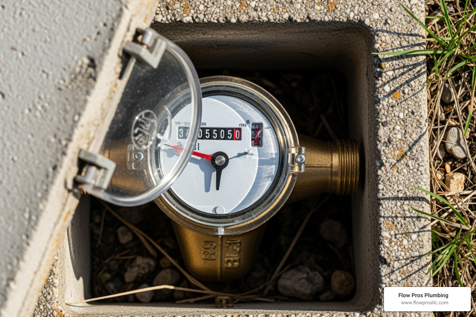 A close-up of a residential water meter with the flow indicator clearly visible and highlighted - main line leaking in st petersburg fl