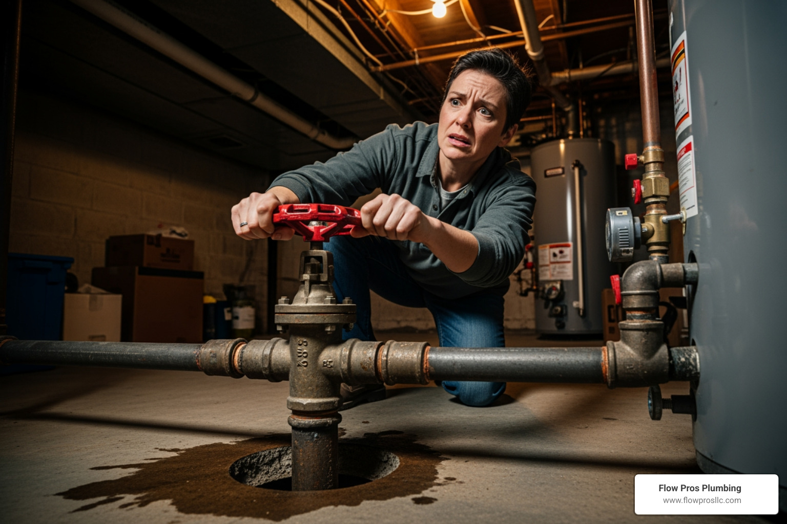 A homeowner with a worried expression turning off a main water shut-off valve - main line leaking in st petersburg fl