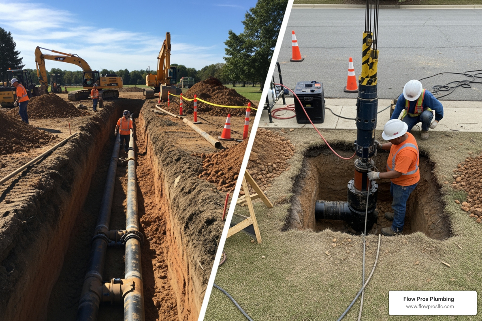 A split image showing a traditional trench repair on one side and a trenchless pipe repair on the other - main line leaking in st petersburg fl