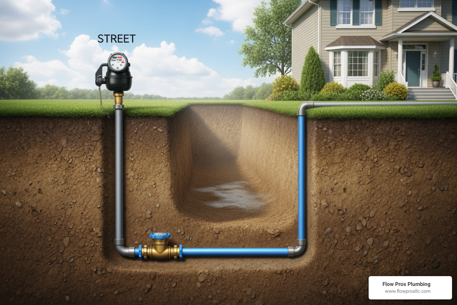 Infographic showing the main water line system from city connection through water meter to home, with common leak points marked and warning signs labeled at each stage - main line leaking in st petersburg fl