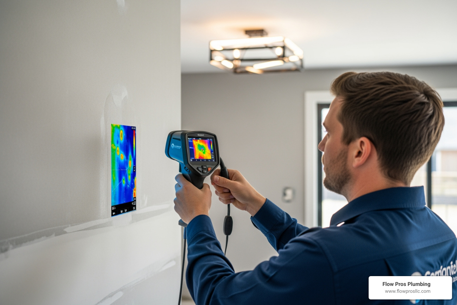 technician using a thermal imaging camera on a wall - same day leak detection service in st petersburg fl