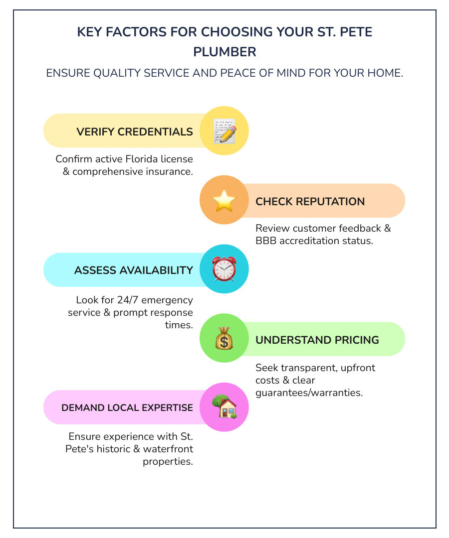 Infographic showing key factors when choosing a plumber in St. Petersburg: verify Florida license number, check BBB rating and customer reviews, confirm 24/7 emergency availability, ensure transparent upfront pricing, ask about experience with historic and waterfront homes, verify insurance coverage, and compare guarantees and warranties - best plumbing company in st petersburg fl infographic infographic-line-5-steps-colors Infographic showing key factors when choosing a plumber in St. Petersburg: verify Florida license number, check BBB rating and customer reviews, confirm 24/7 emergency availability, ensure transparent upfront pricing, ask about experience with historic and waterfront homes, verify insurance coverage, and compare guarantees and warranties - best plumbing company in st petersburg fl infographic infographic-line-5-steps-colors