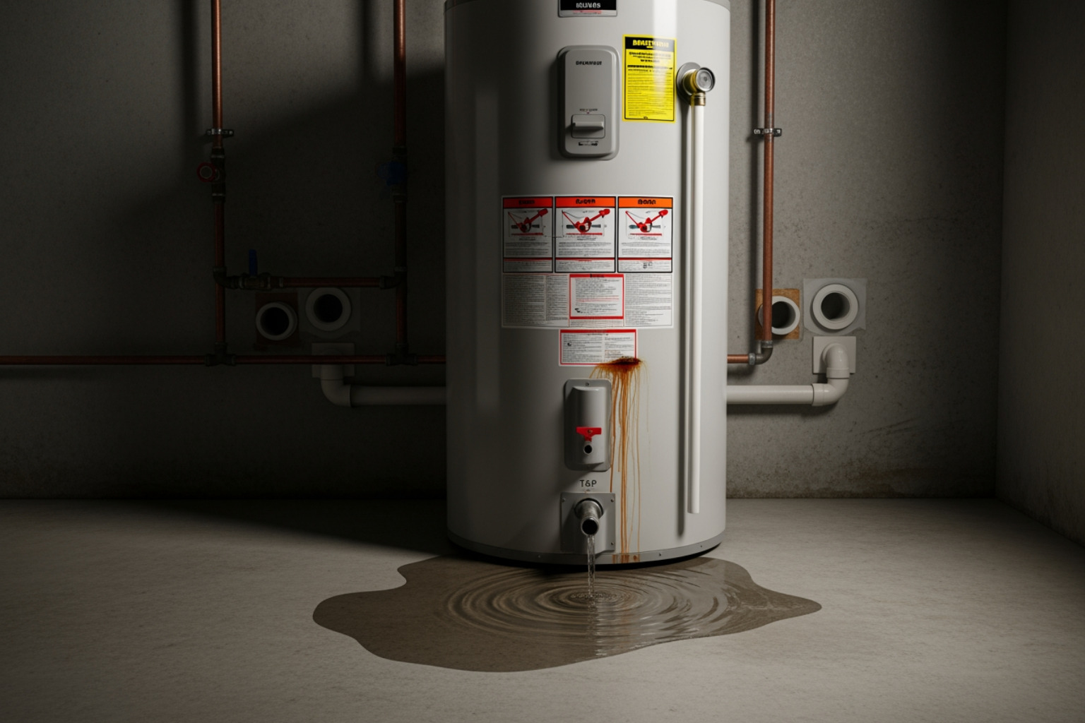 Infographic showing the 5 most common water heater warning signs: strange popping or rumbling noises indicating sediment buildup, water that's not hot enough or temperature fluctuates suggesting thermostat or heating element issues, rusty or discolored water pointing to tank corrosion, rotten egg smell from bacteria in the tank, and visible water pooling around the base indicating a leak - water heater repair