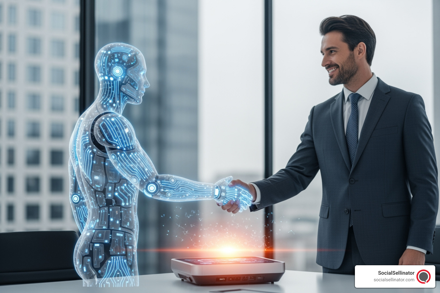 A person shaking hands with a digital avatar, symbolizing a partnership. - search engine optimization services for small business