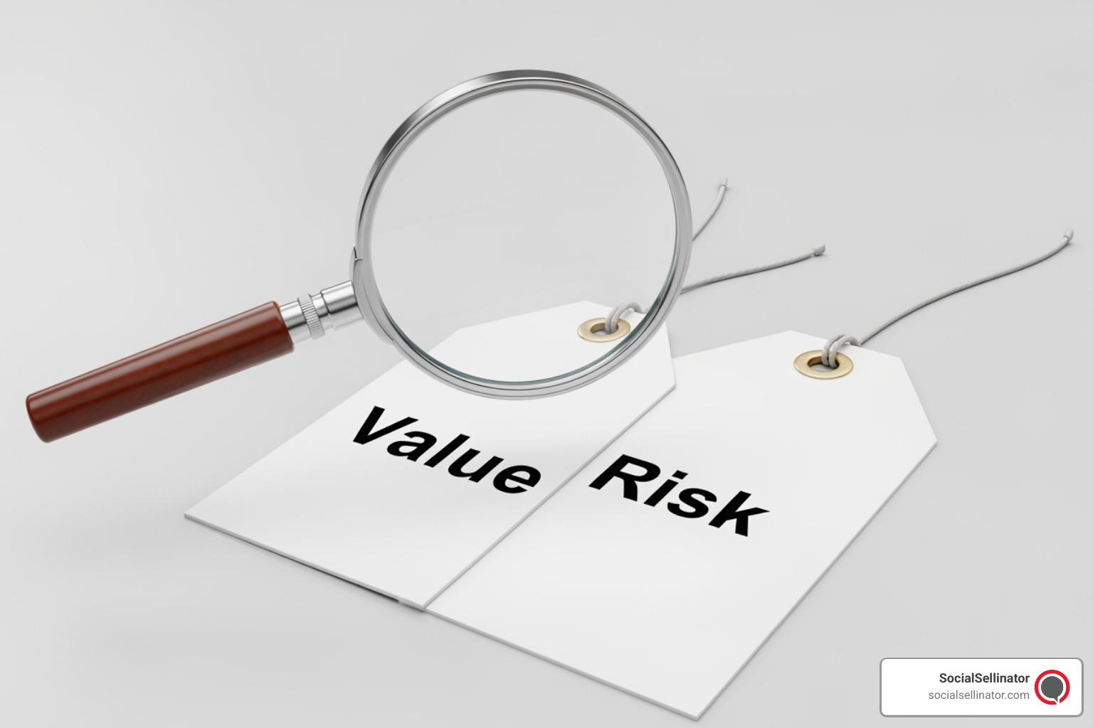 A magnifying glass over a price tag, with one side showing 'Value' and the other 'Risk'. - search engine optimization services for small business