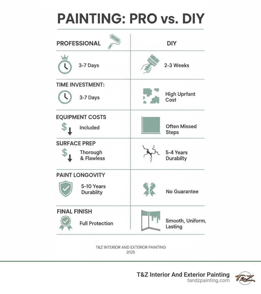 Infographic comparing professional painting versus DIY approach, showing key differences in time investment, equipment costs, surface preparation quality, paint longevity, warranty coverage, and final finish quality. Professional route shows 3-7 day completion with 5-10 year durability and warranty protection, while DIY shows 2-3 weeks with 2-4 year durability and no warranty - Elmhurst painting company infographic Infographic comparing professional painting versus DIY approach, showing key differences in time investment, equipment costs, surface preparation quality, paint longevity, warranty coverage, and final finish quality. Professional route shows 3-7 day completion with 5-10 year durability and warranty protection, while DIY shows 2-3 weeks with 2-4 year durability and no warranty - Elmhurst painting company infographic