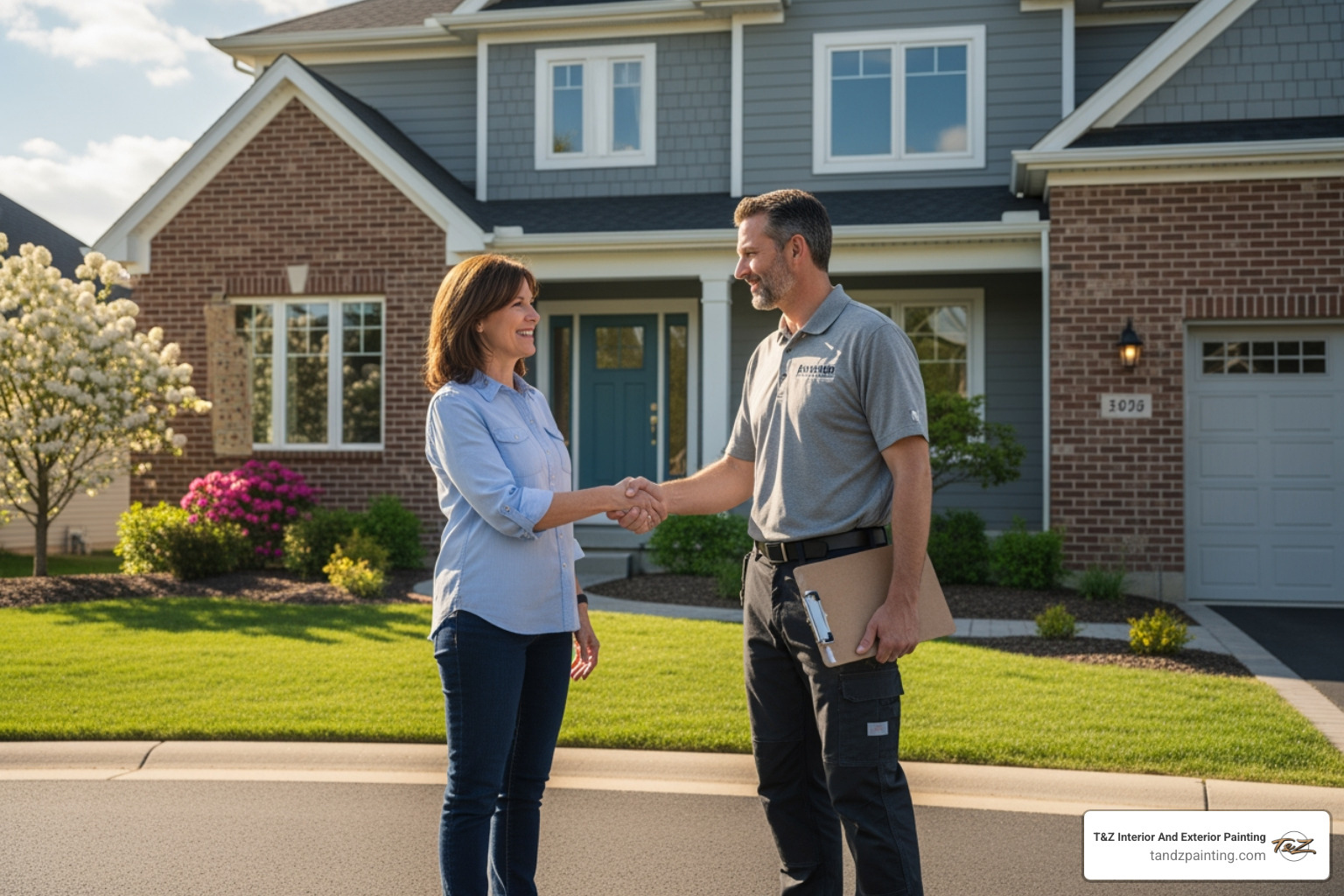 homeowner shaking hands with a painting contractor - exterior paint services near me