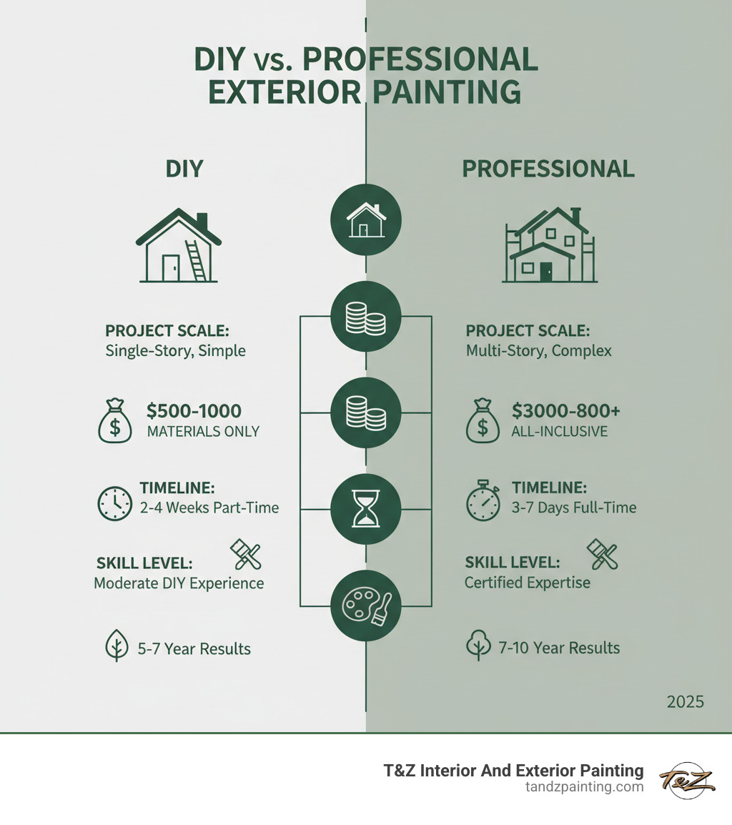 Infographic comparing DIY vs Professional exterior painting across four key factors: Project Scale (single-story simple vs multi-story complex), Budget ($500-1000 materials only vs $3000-8000+ all-inclusive), Timeline (2-4 weeks part-time vs 3-7 days full-time), and Skill Level (moderate DIY experience vs certified expertise with 7-10 year results) - paint outside of house infographic 