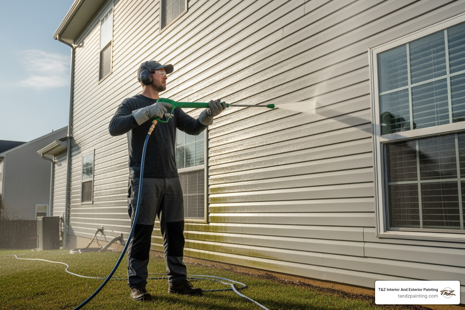person safely pressure washing the side of a house before painting - house outer wall paint person safely pressure washing the side of a house before painting - house outer wall paint