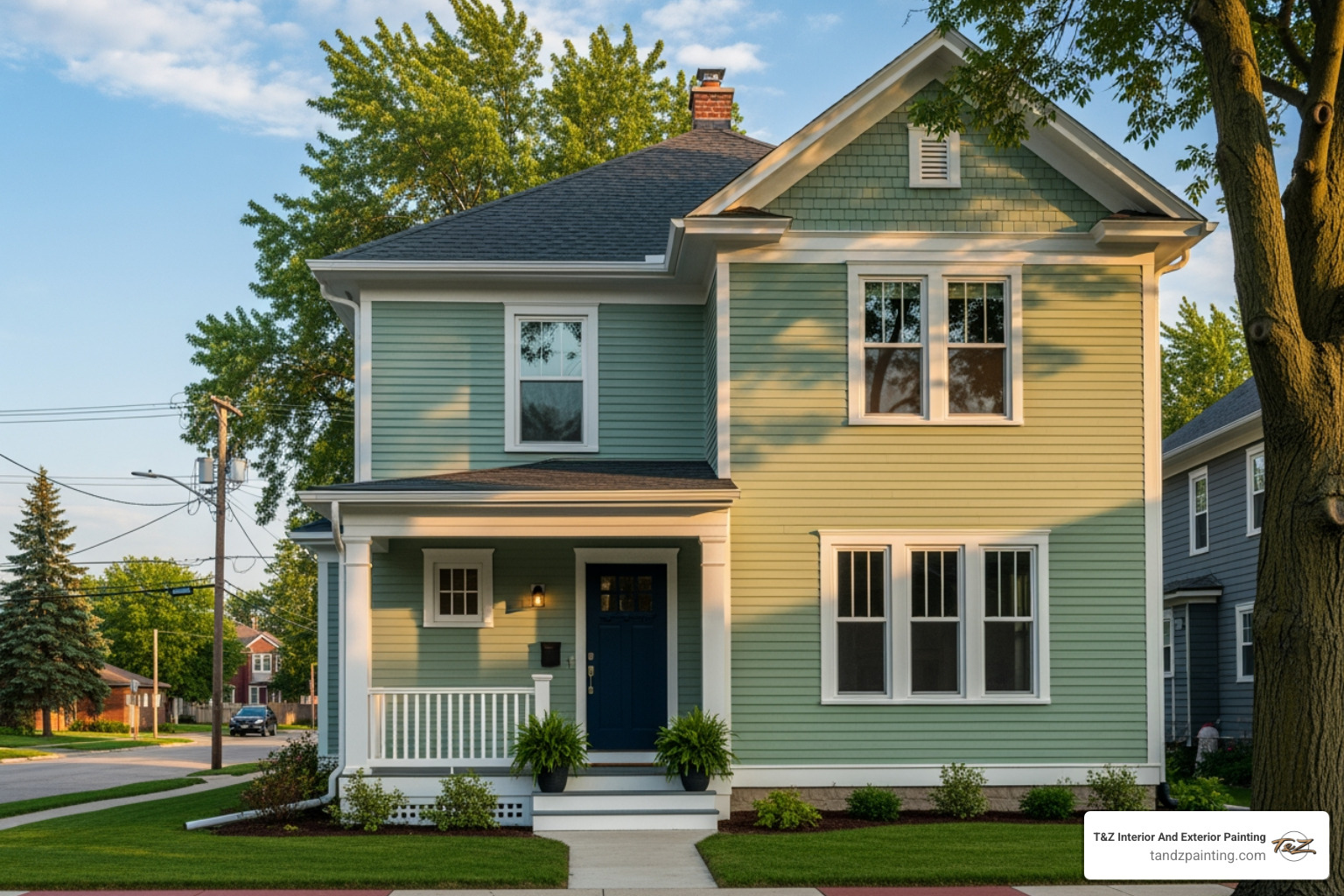 finished exterior painting project on an Elmhurst home - painting exterior aluminum siding