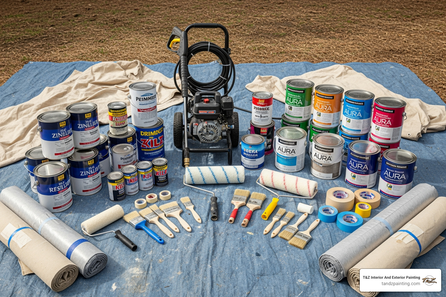 tools and materials laid out for painting, including a pressure washer, primer, and paint cans - painting exterior aluminum siding