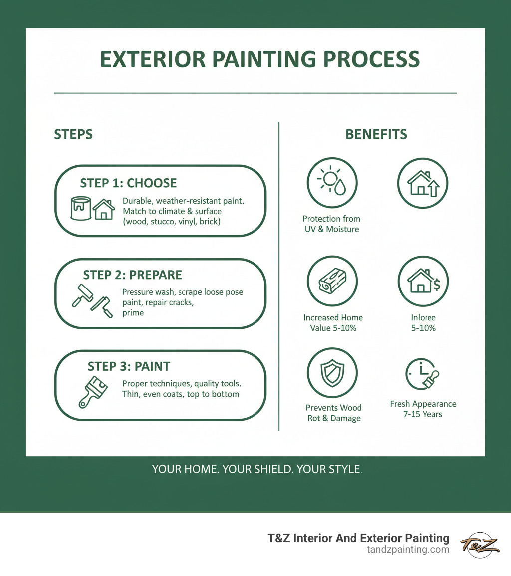 Infographic showing the complete exterior painting process: Step 1 - Choose durable, weather-resistant paint matched to your climate and surface type (wood, stucco, vinyl, brick). Step 2 - Prepare surfaces by pressure washing, scraping loose paint, repairing cracks, and applying primer. Step 3 - Paint using proper techniques with quality tools, applying thin even coats from top to bottom. Benefits include protection from UV rays and moisture, increased home value of 5-10%, prevention of wood rot and damage, and a fresh appearance lasting 7-15 years. - wall paint outside the house infographic 