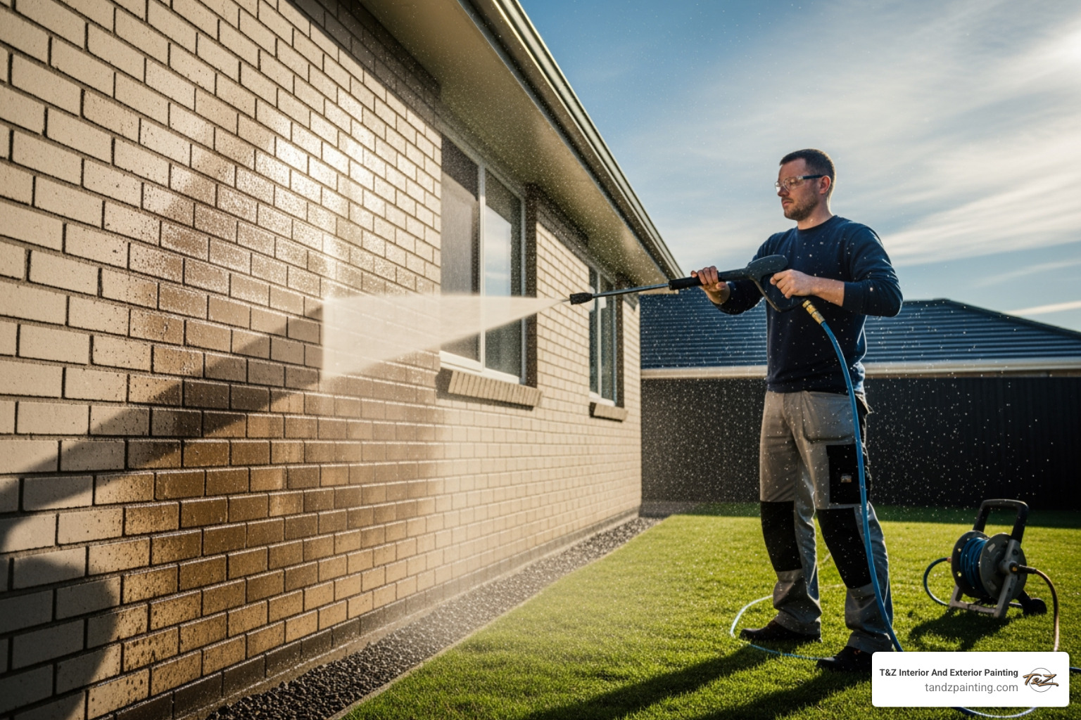 person pressure washing an exterior wall - wall paint outside the house