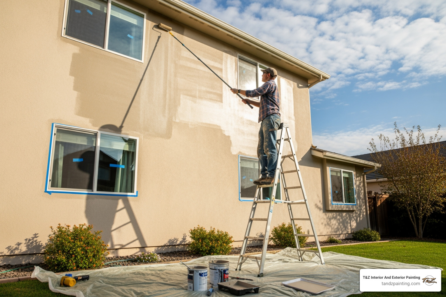 person using a paint roller on a large exterior wall - wall paint outside the house