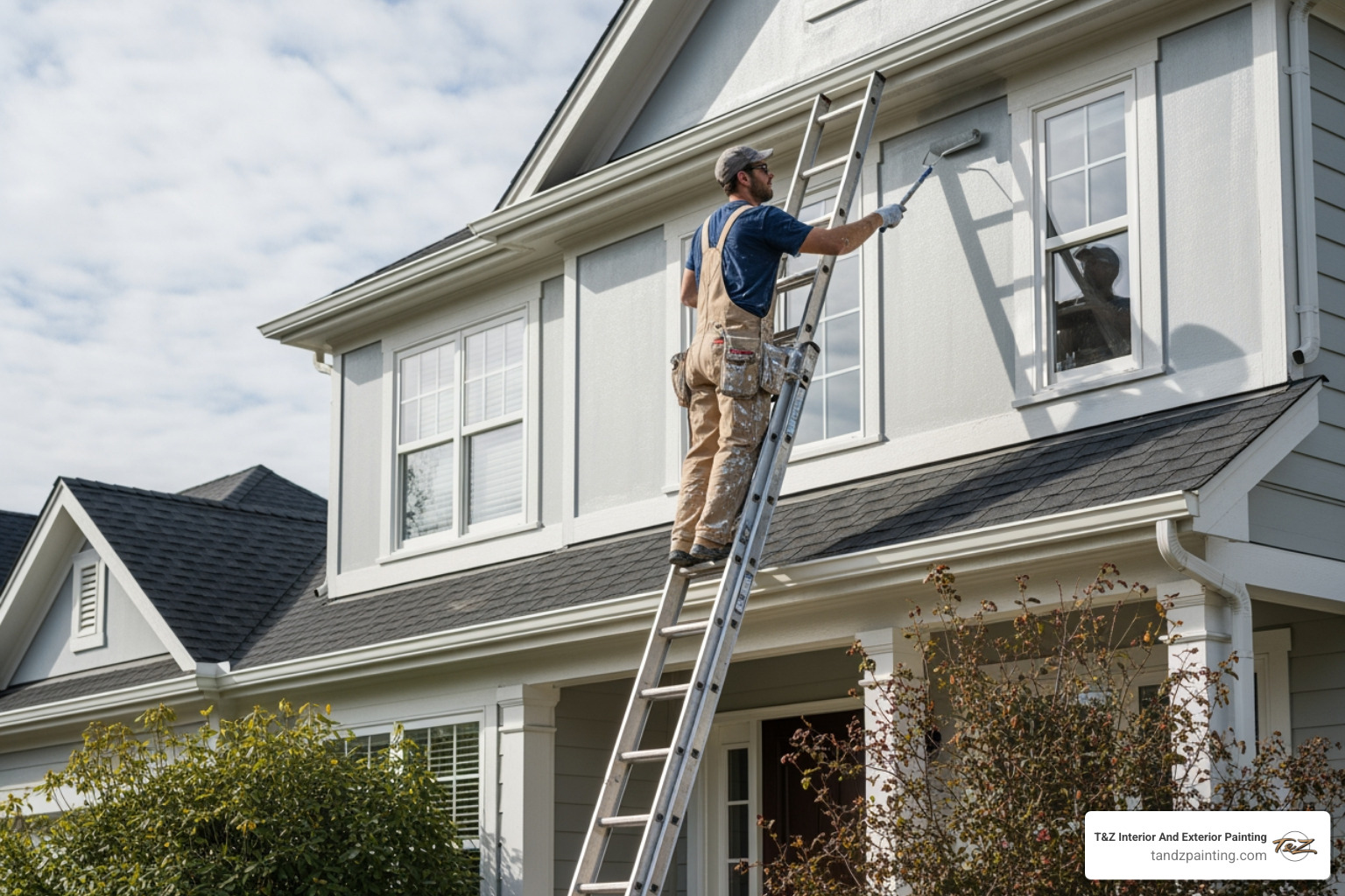 a painter on a ladder working on a two-story home - exterior painting service