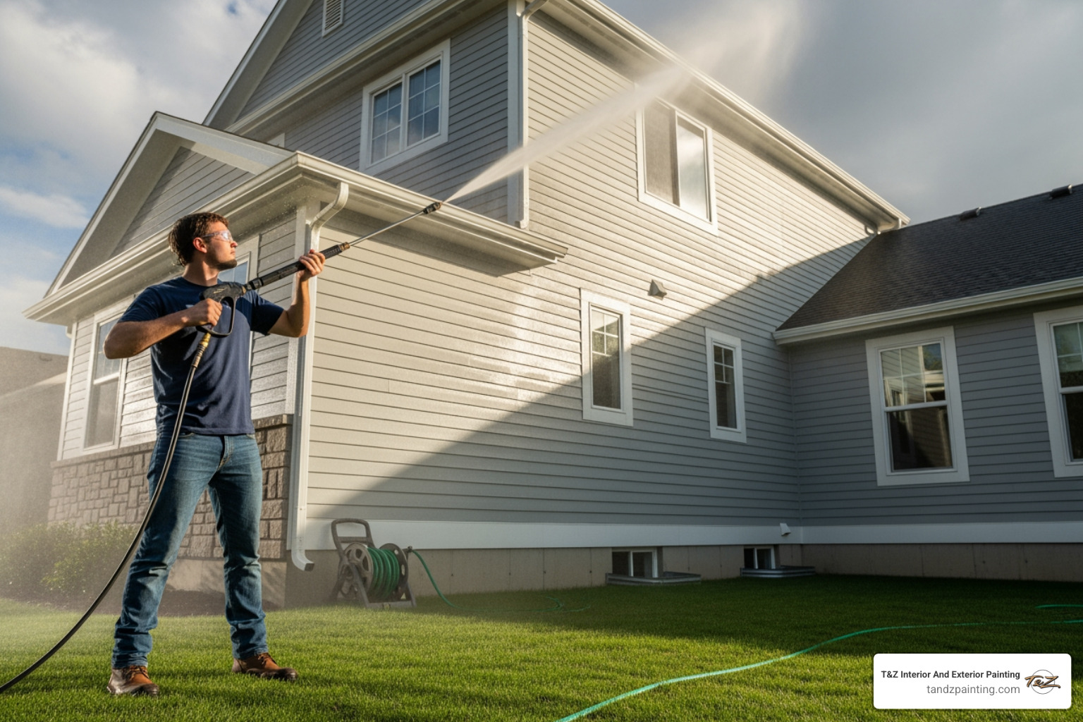 a person pressure washing a home's siding - painting over exterior paint