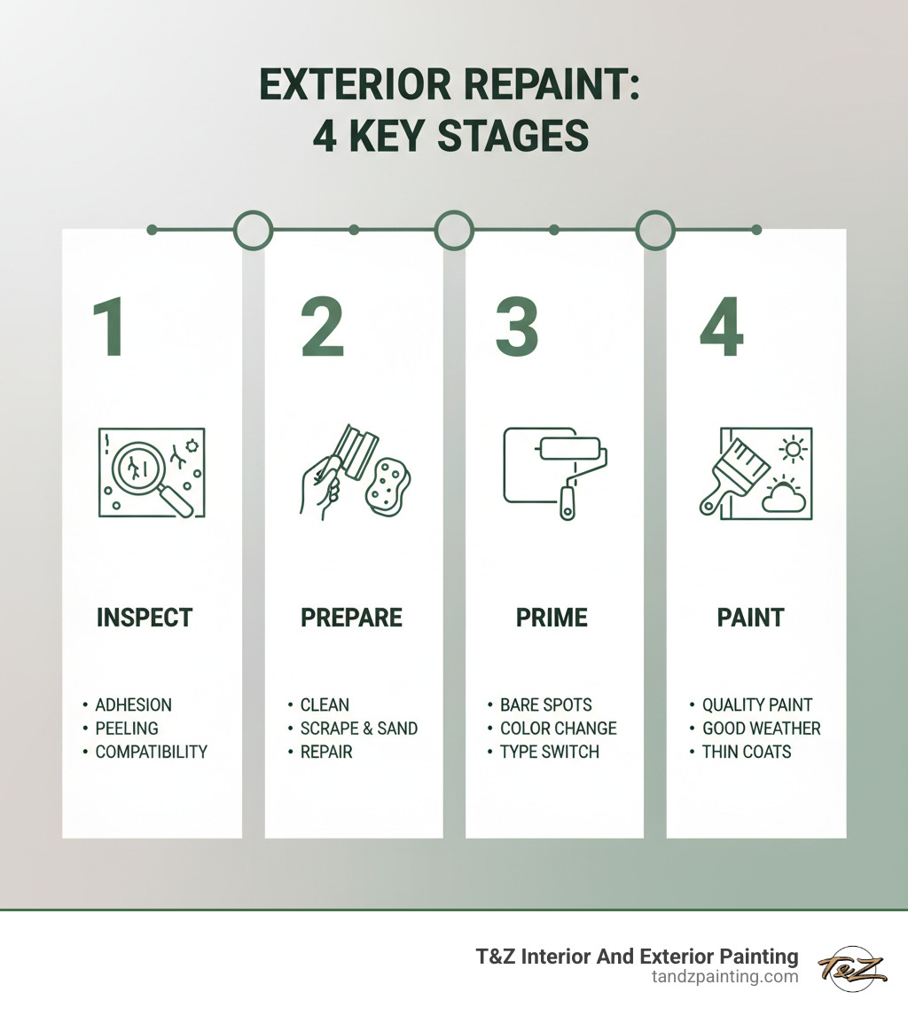 Infographic showing the four key stages of painting over old exterior paint: Stage 1 - Inspect existing paint for adhesion, peeling, and paint type compatibility; Stage 2 - Prepare surface by cleaning, scraping loose paint, sanding edges, and repairing damage; Stage 3 - Prime bare spots, drastic color changes, or when switching paint types; Stage 4 - Paint with quality exterior paint in proper weather conditions, applying thin even coats from top to bottom - painting over exterior paint infographic 
