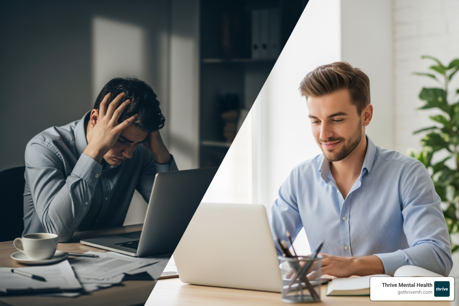 Stressed young professional at desk, contrasted with same person after virtual therapy - Best virtual mental health programs for young professionals. Stressed young professional at desk, contrasted with same person after virtual therapy - Best virtual mental health programs for young professionals.