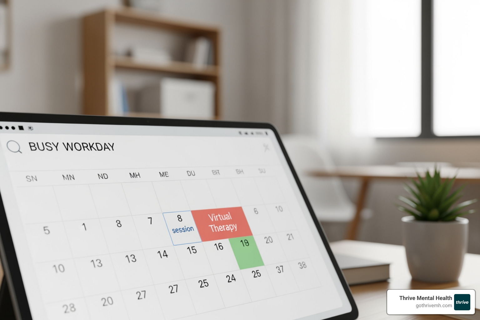 Calendar with virtual therapy session fitting into a packed workday - Best virtual mental health programs for young professionals. Calendar with virtual therapy session fitting into a packed workday - Best virtual mental health programs for young professionals.