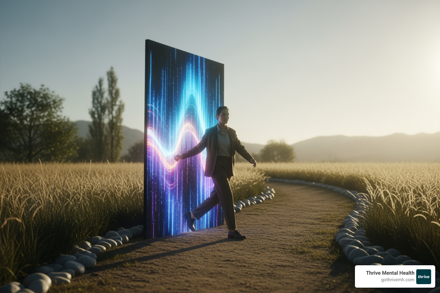 person confidently stepping onto a path that transitions from a digital screen to a real-world setting, symbolizing progress and transition - Compare online partial hospitalization programs available in Florida.