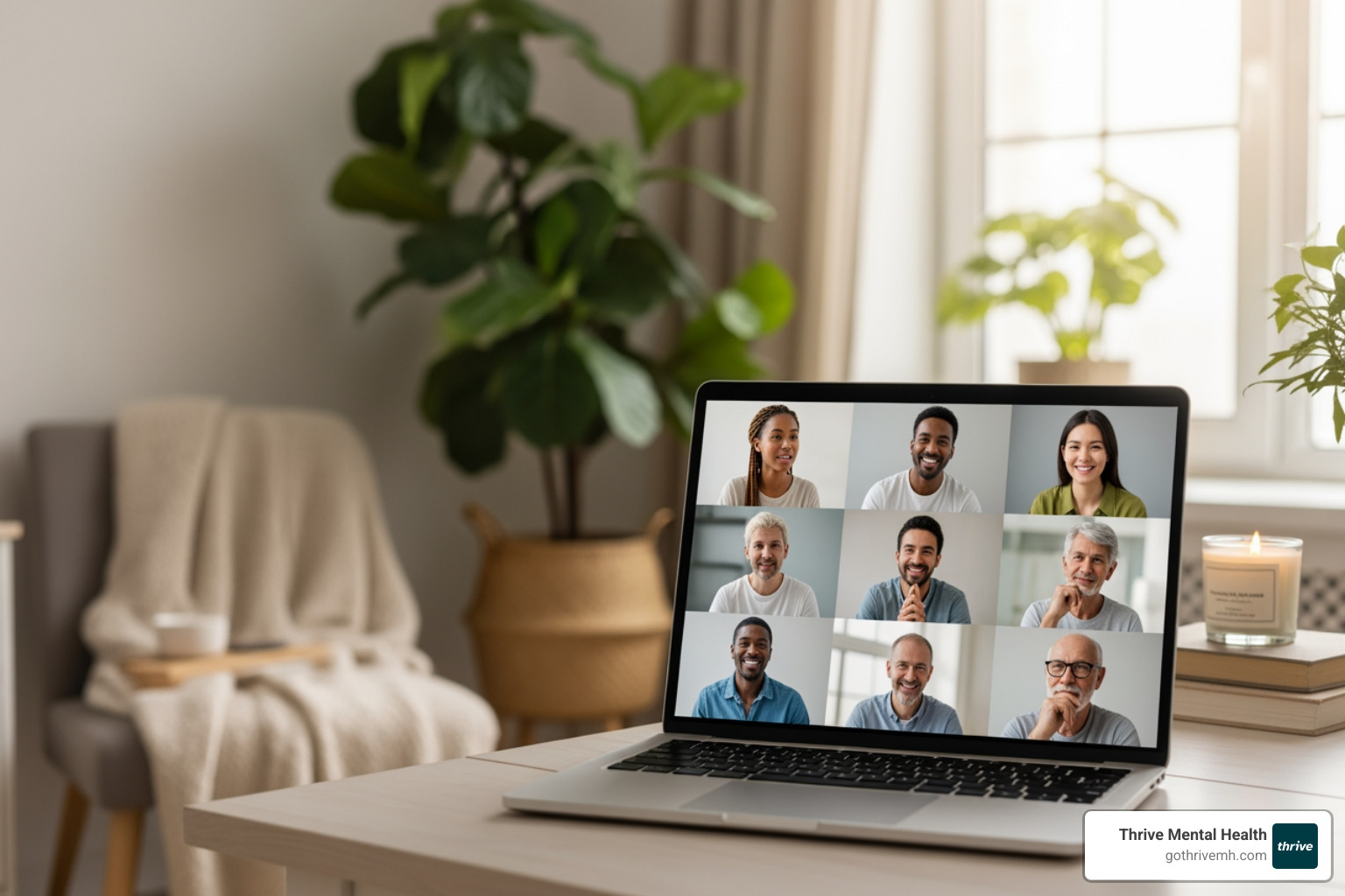 diverse group of people in a virtual group therapy session on a laptop screen, showing connection and engagement - Compare online partial hospitalization programs available in Florida.