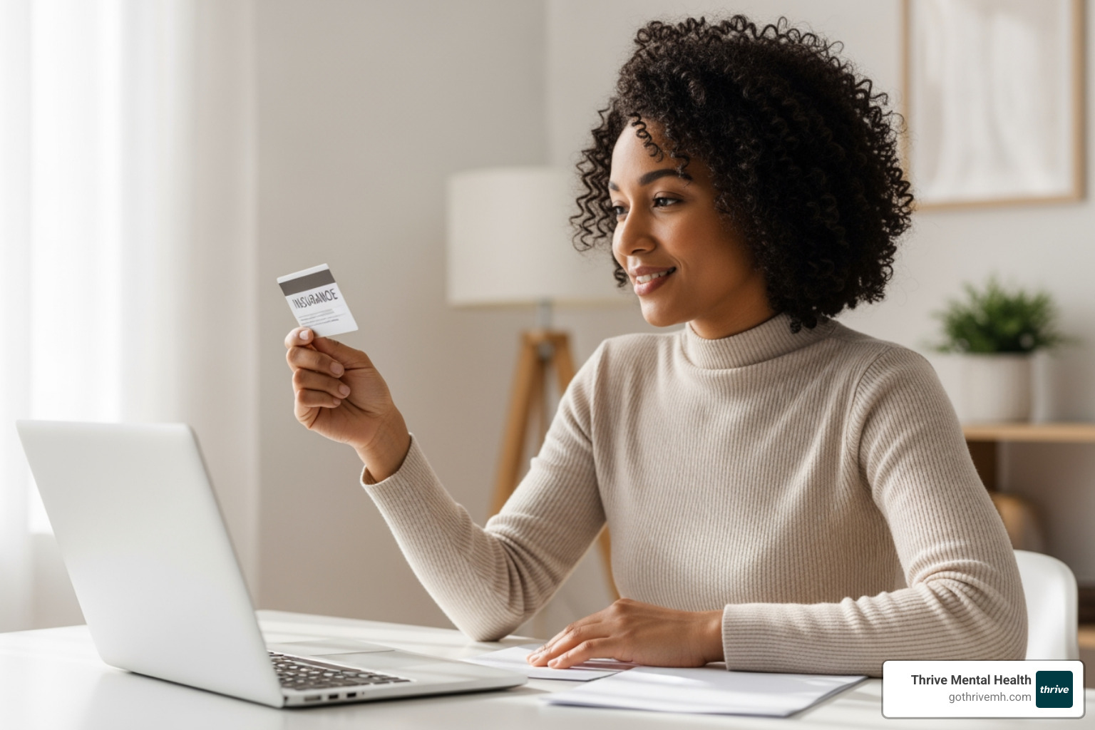 person reviewing insurance card and laptop - Find affordable online therapy options for severe anxiety. person reviewing insurance card and laptop - Find affordable online therapy options for severe anxiety.
