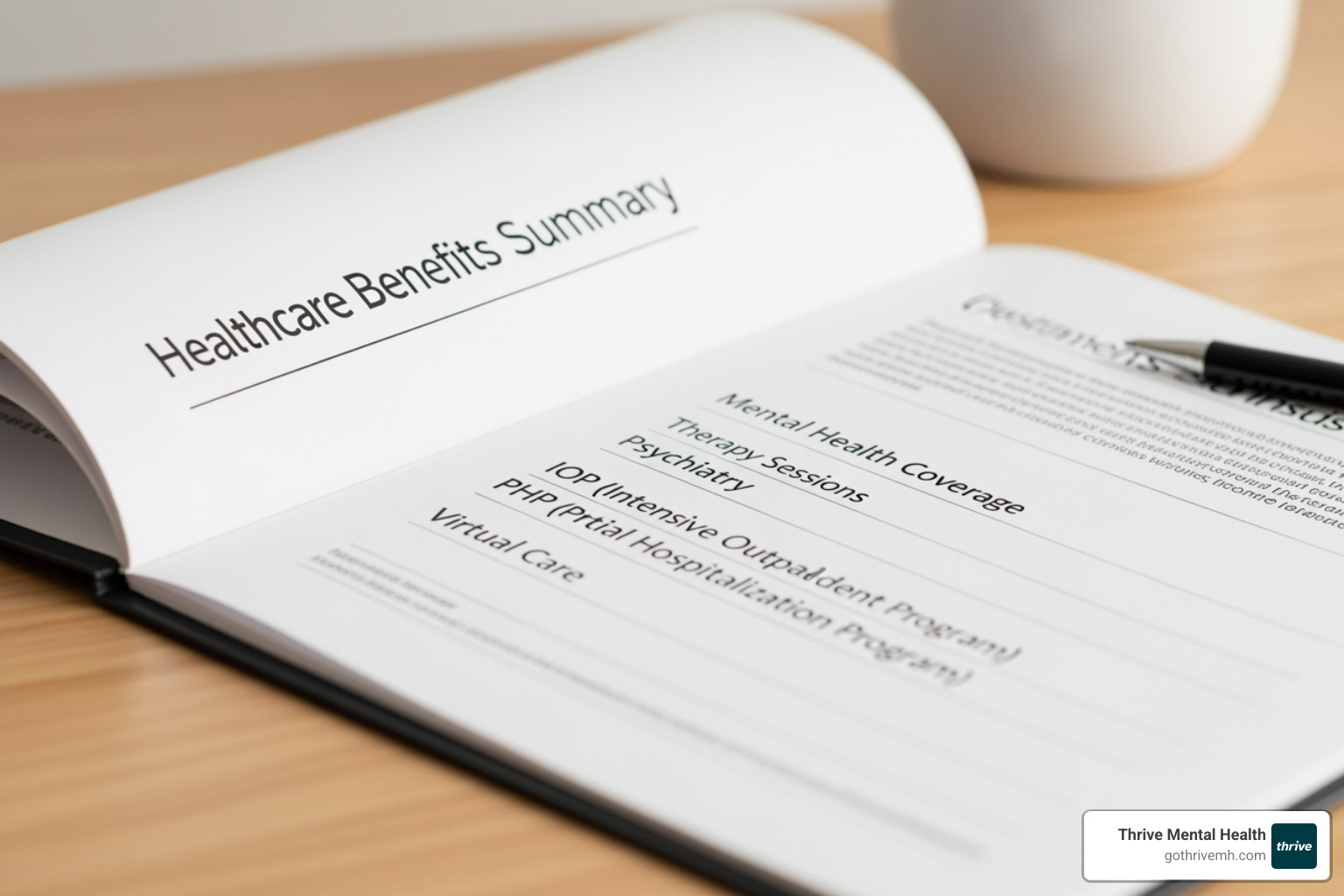 Benefits summary document highlighting mental health coverage for therapy, psychiatry, IOP, PHP, and virtual care - Find a mental health provider that is part of the United Health company network.