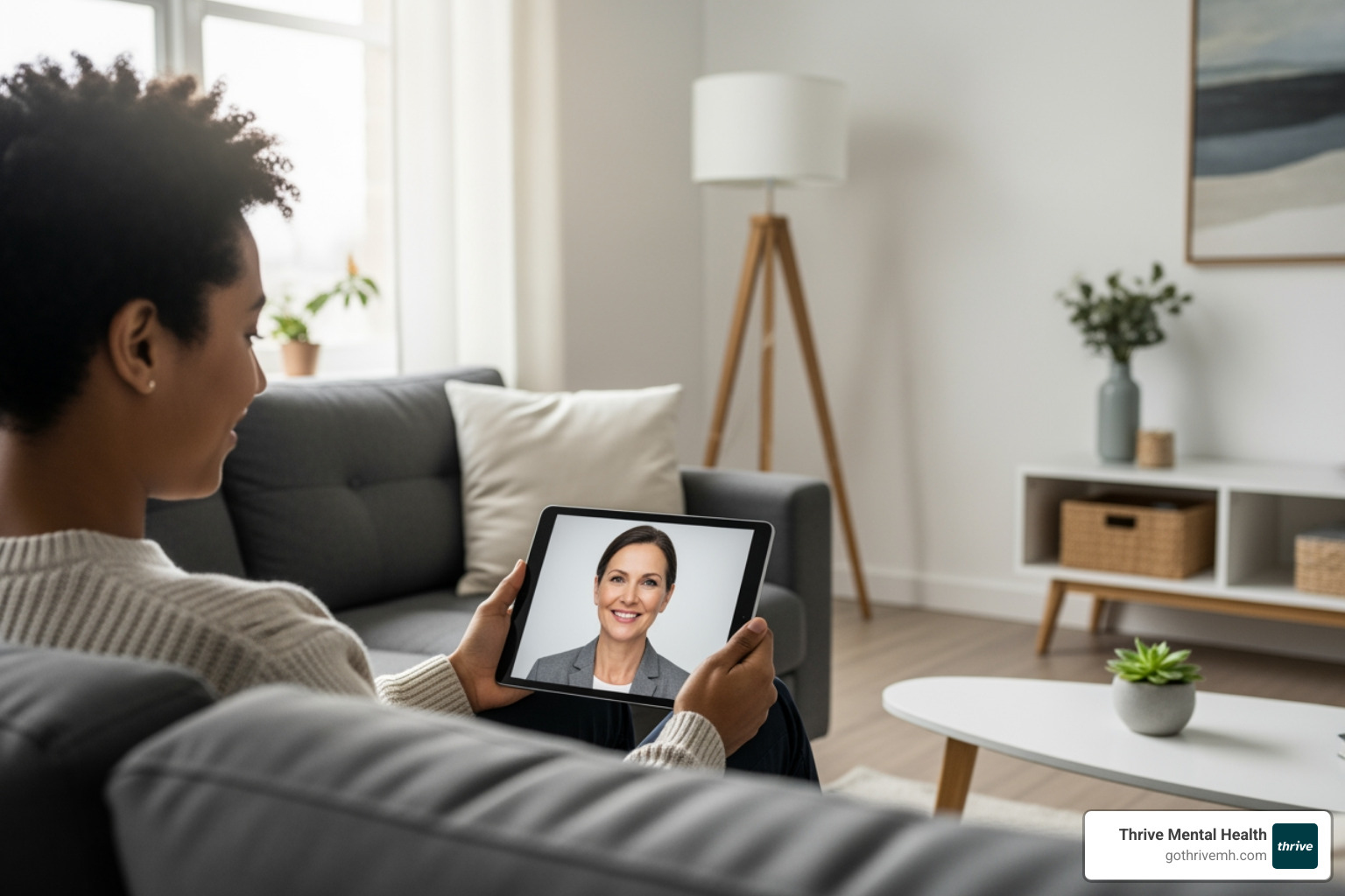 Person in telehealth session on tablet, accessing virtual mental health care with UnitedHealthcare and Thrive Mental Health - Find a mental health provider that is part of the United Health company network.