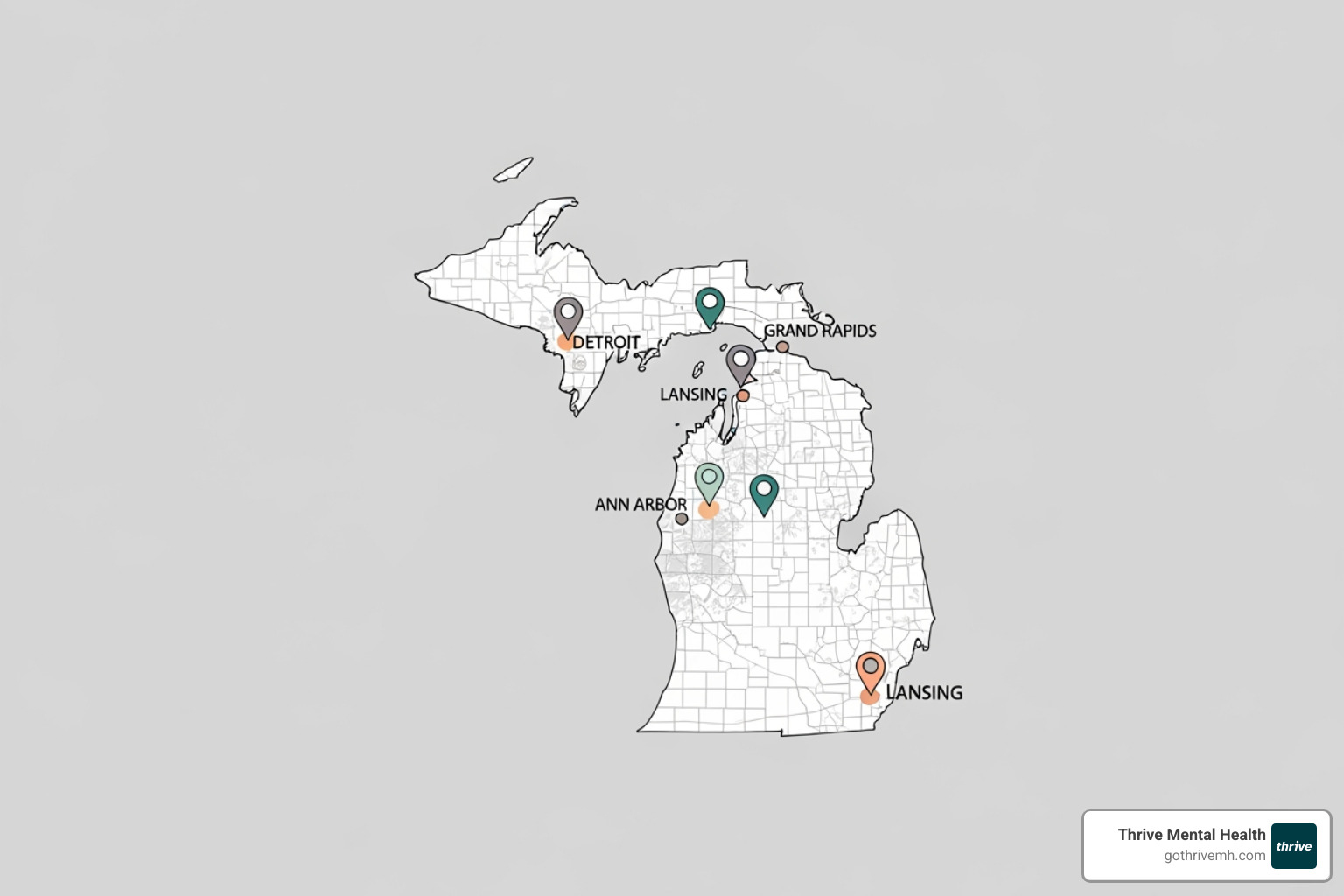 Map of Michigan with pins on major cities - Which mental health clinics in Michigan take Blue Cross and Blue Shield of Michigan?
